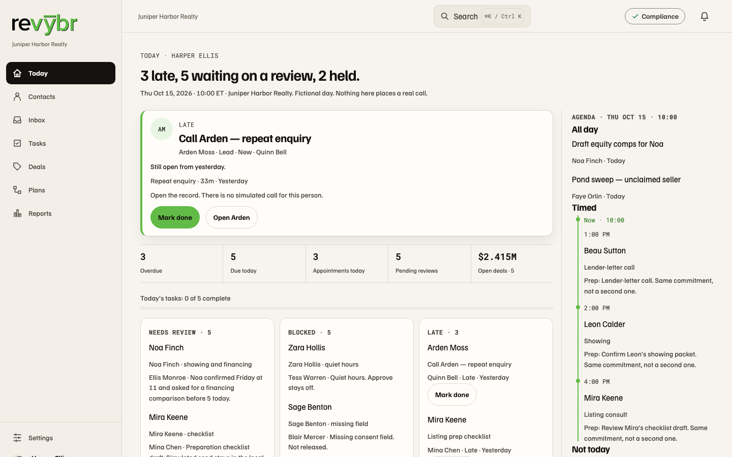 Revybr Today view: a late follow-up call card for a contact with Mark done and Open actions, counts of overdue and due work, and a timed agenda for the day.