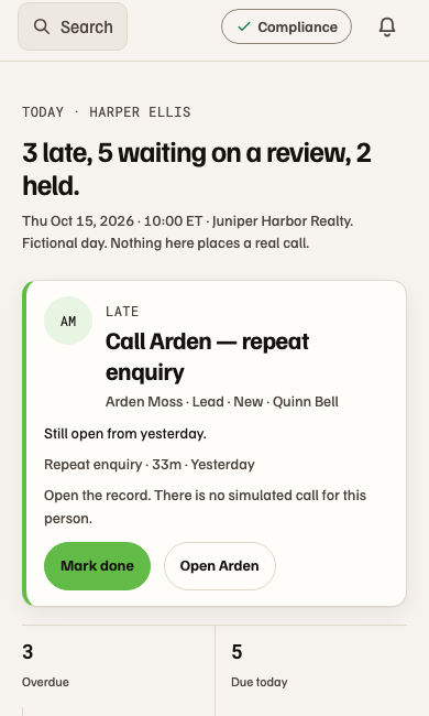 Revybr Today view on a phone: a late follow-up call card for a contact and counts of due work.